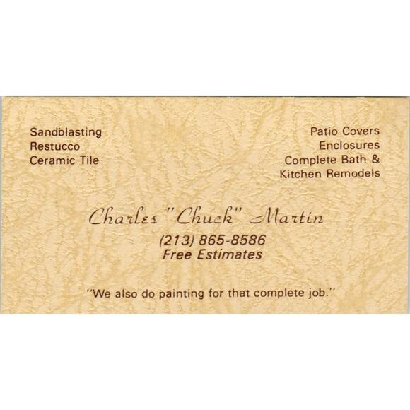 Charles Chuck Martin Sandblasting Stucco Los Angeles CA Vtg Business Card SD8-B4 - Picture 1 of 2